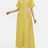 Vestido Camisa Midi de Color Sólido con Cuello de Solapa, Plisado y Botones de Manga Corta Suelta