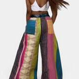 Pantalones Casual Impresos a Rayas con Cinta Ajustable de Color Contraste y Pierna Ancha