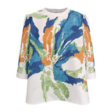 Camisetas de Manga Corta Sueltas con Botones, Estampado de Flores y Cuello Redondo