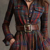 Giulia - Vestido largo de cuadros marrón rojizo con cuello y estilo étnico retro