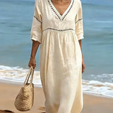 Vestido mujer algodón cuello V fluido – casual verano elegante
