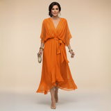 Vestido Midi Mujer Elegante Fluido – Escote V y Cintura Ajustable