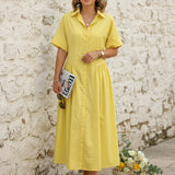 Vestido Camisa Midi de Color Sólido con Cuello de Solapa, Plisado y Botones de Manga Corta Suelta