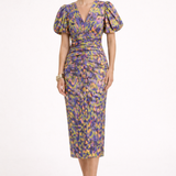 Sarah - Vestido midi estampado con manga abullonada escote V