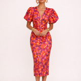Sarah - Vestido midi estampado con manga abullonada escote V