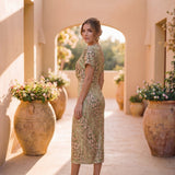 Vestido mujer midi elegante estampado – vestido fluido con lazo cintura