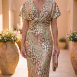 Vestido mujer midi elegante estampado – vestido fluido con lazo cintura