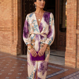 Vestido mujer elegante escote V – vestido midi fluido con cinturón