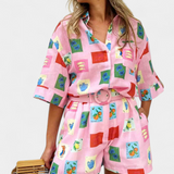 Conjunto de Camisa y Pantalones Cortos Mariluz con Estampado Rosa
