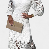 Vestido Midi Jovie con Encaje Bordado y Cuello Alto