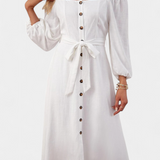 Vestido Leonor Off-the-Shoulder con Botones y Cinturón Frontal
