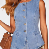 Conjunto Ludovica de Denim con Chaleco Ajustado y Jeans de Pierna Ancha