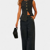 Conjunto Ludovica de Denim con Chaleco Ajustado y Jeans de Pierna Ancha
