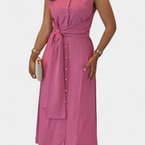 Vestido Elegante Sin Mangas Behnaz con Cinturón y Cuello de Camisa