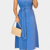 Vestido Elegante Sin Mangas Behnaz con Cinturón y Cuello de Camisa