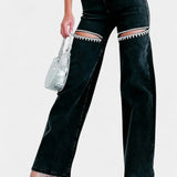Jeans Rectos Desgastados Evian con Rhinestones