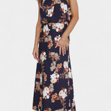 Vestido Maxi Floral Lisa con Cuello Halter y Cintura Elástica