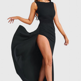 Vestido de Satén Marion con Espalda Abierta y Alta Renda
