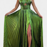 Vestido Maxi Metálico Aikaterini con Escote Cruzado y Abertura