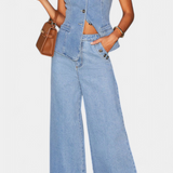 Conjunto Ludovica de Denim con Chaleco Ajustado y Jeans de Pierna Ancha