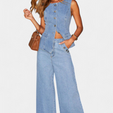 Conjunto Ludovica de Denim con Chaleco Ajustado y Jeans de Pierna Ancha