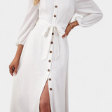 Vestido Leonor Off-the-Shoulder con Botones y Cinturón Frontal