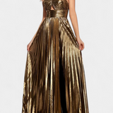 Vestido Maxi Metálico Aikaterini con Escote Cruzado y Abertura