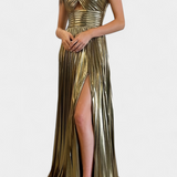 Vestido Maxi Metálico Aikaterini con Escote Cruzado y Abertura