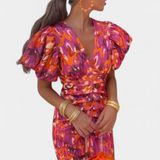 Vestido Wibia Impreso con Fruncido Central y Mangas Voluminosas