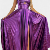 Vestido Maxi Metálico Aikaterini con Escote Cruzado y Abertura
