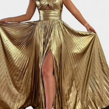 Vestido Maxi Metálico Aikaterini con Escote Cruzado y Abertura