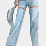 Jeans Rectos Desgastados Evian con Rhinestones