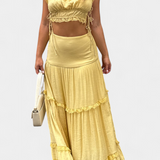 Conjunto Ilys Romántico con Top de Encaje y Falda Larga Voluminosa