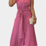 Vestido Elegante Sin Mangas Behnaz con Cinturón y Cuello de Camisa