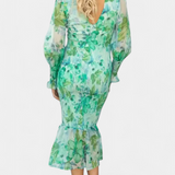 Vestido Midi Floral Carly con Cintura Fruncida y Mangas Abullonadas