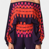 Conjunto de Dos Piezas Sybella con Diseño Off-Shoulder y Pantalones Anchos con Estampado
