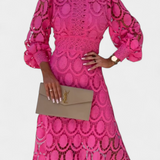 Vestido Midi Lucinda de Encaje con Mangas Abullonadas y Cuello Alto