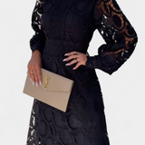 Vestido Midi Lucinda de Encaje con Mangas Abullonadas y Cuello Alto