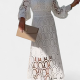 Vestido Midi Lucinda de Encaje con Mangas Abullonadas y Cuello Alto