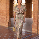 Vestido mujer midi elegante estampado – vestido fluido con lazo cintura
