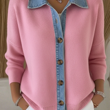 Cárdigan de punto con cuello tipo polo y parches de denim, con botones