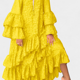 Vestido Maxi Asimétrico Eliselle con Volantes y Mangas de Campana