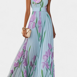 Vestido Calanthe Largo Plisado con Estampado Floral y Escote Cuadrado