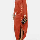 Vestidos Maxi de Cuello Mock con Botones Asimétricos y Lados Divididos de Mangas Largas y Sueltos