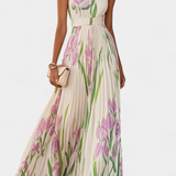 Vestido Calanthe Largo Plisado con Estampado Floral y Escote Cuadrado