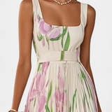 Vestido Calanthe Largo Plisado con Estampado Floral y Escote Cuadrado