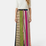 Pantalones Casual Impresos a Rayas con Cinta Ajustable de Color Contraste y Pierna Ancha