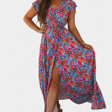Vestido Largo Ximena con Estampado Floral y Abertura Lateral