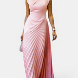 Vestidos Maxis de Cuello Mock Asimétrico con Pliegues y Cintura Alta Sin Mangas