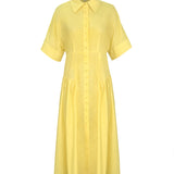 Vestido Camisa Midi de Color Sólido con Cuello de Solapa, Plisado y Botones de Manga Corta Suelta
